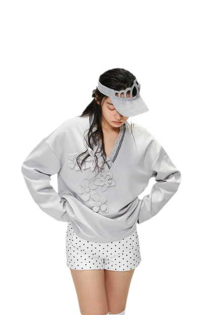 Handmade Flower Appliqué V-Neck Sweatshirt