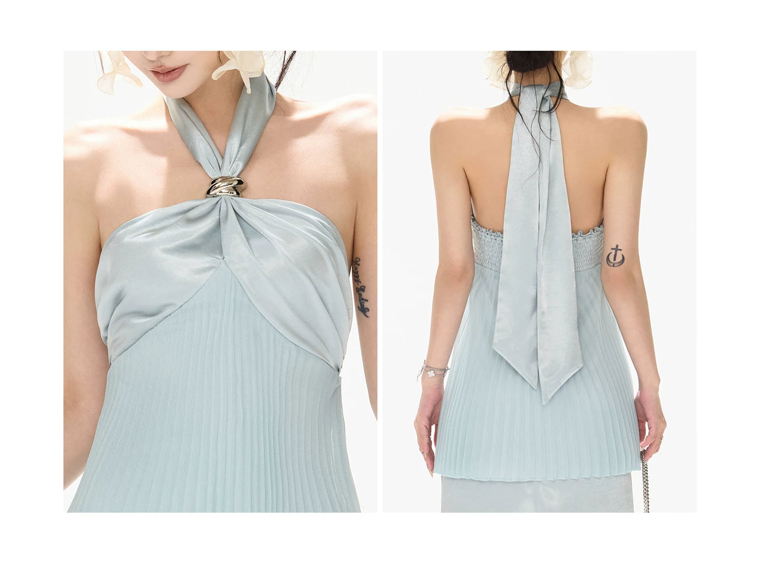 Misty Blue Pleated Halter Satin Long Dress