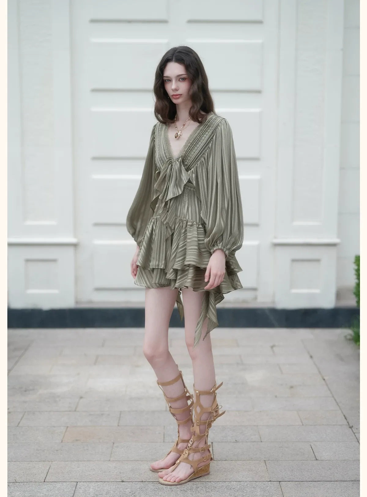Lace Ruffle Batwing Mini Dress