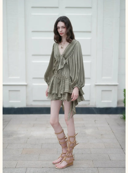 Lace Ruffle Batwing Mini Dress