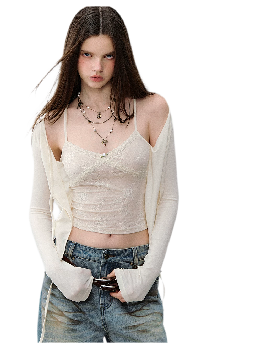 Lace Layered Tie Cardigan
