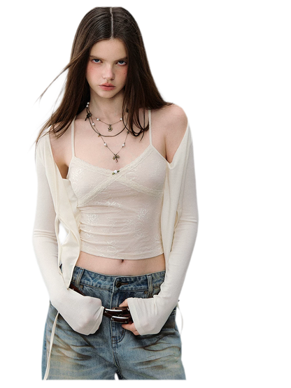 Lace Layered Tie Cardigan