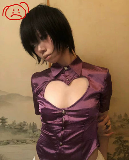 Glossy Purple Heart-Cutout Shirt