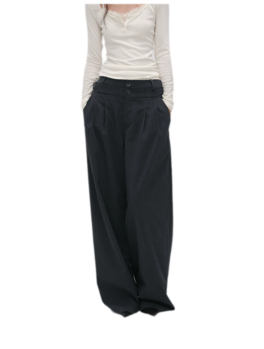 Pinstriped Pleated Wide-Leg Trousers