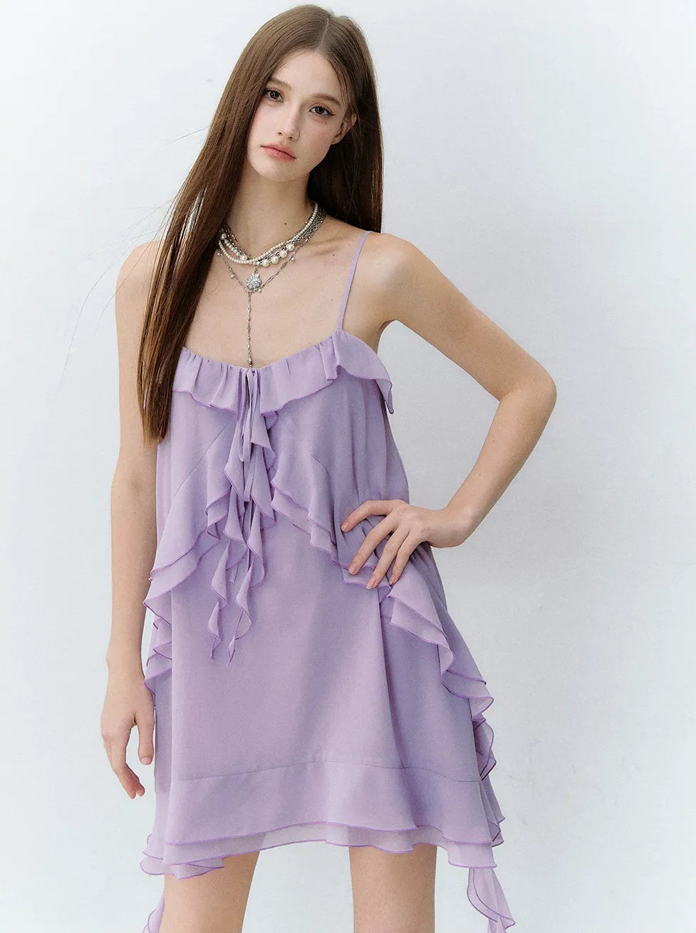 Lavender Purple Chiffon Ruffle Summer Dress