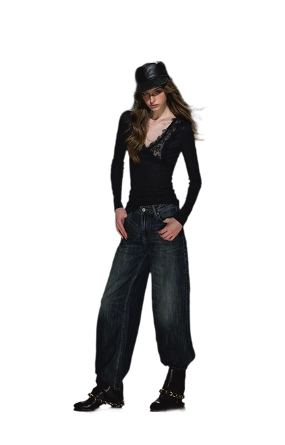 Jeans ricamati a quadri effetto lavato
