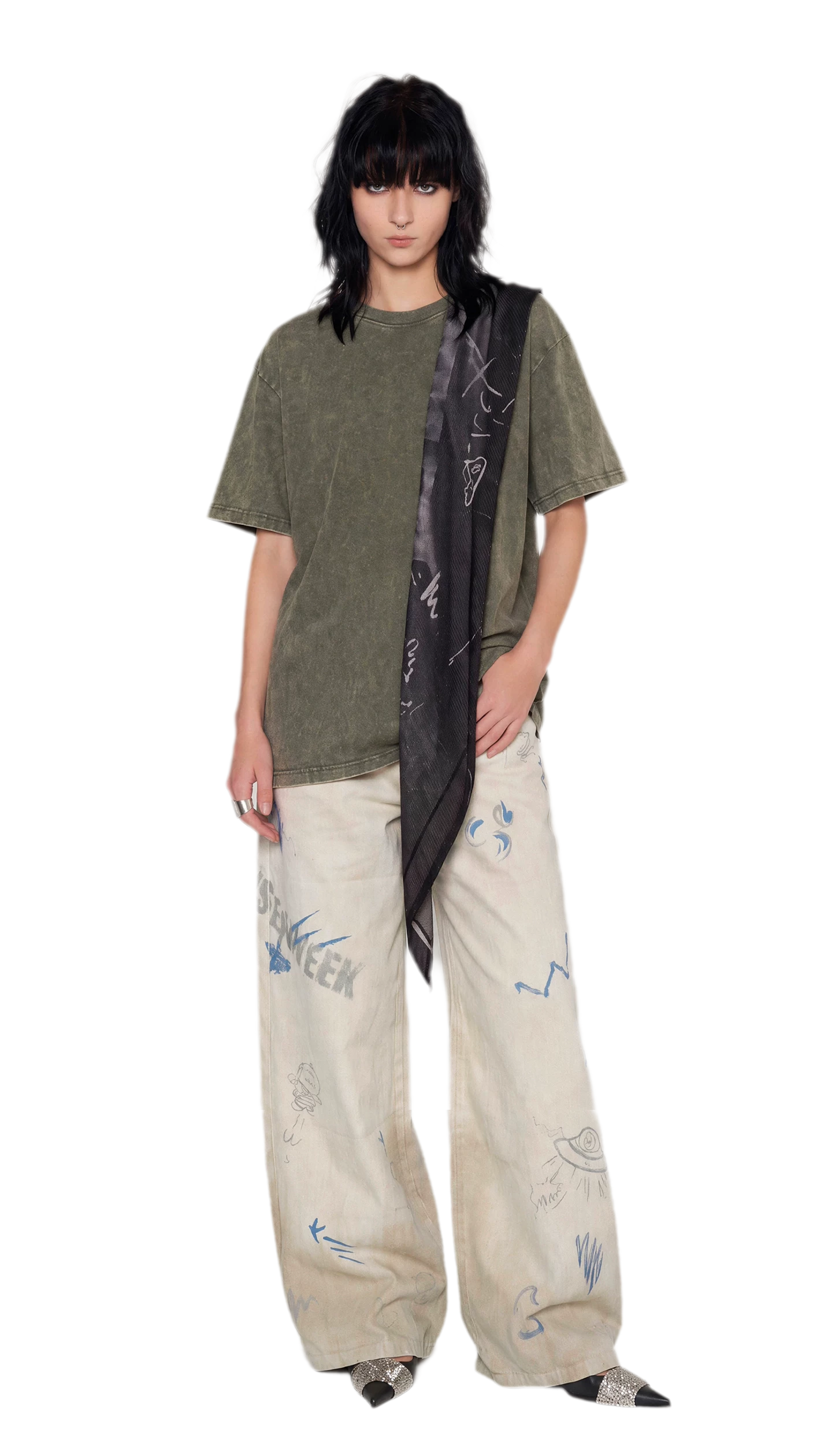 Washed Graffiti Wide-Leg Jeans