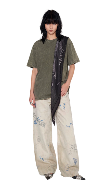 Washed Graffiti Wide-Leg Jeans
