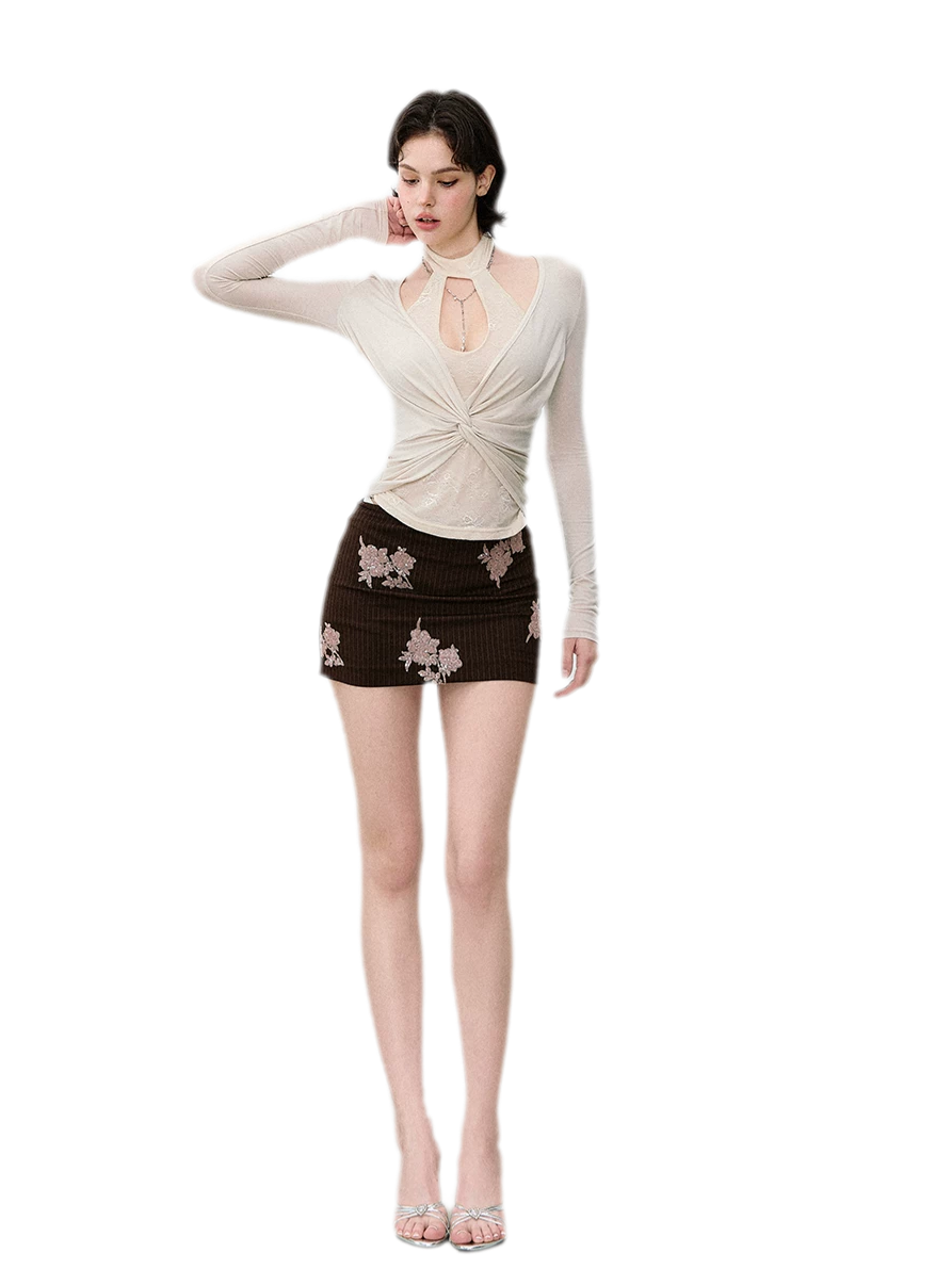 Sequin Floral Pinstripe Skirt