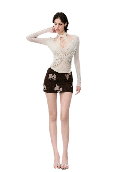 Sequin Floral Pinstripe Skirt