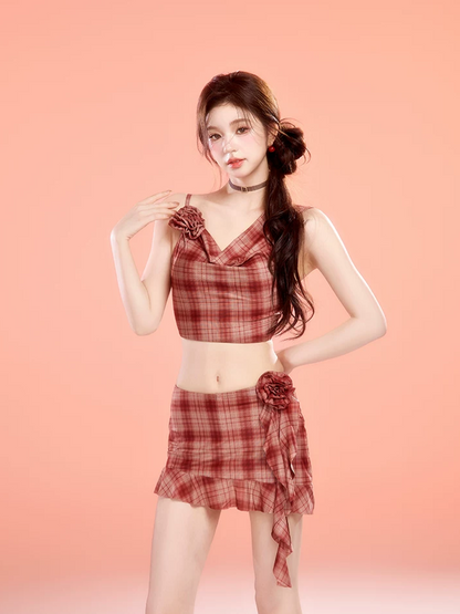 Plaid Cowl Neck Skort Set