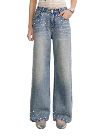 Rhinestone Pearl Wide-Leg Jeans