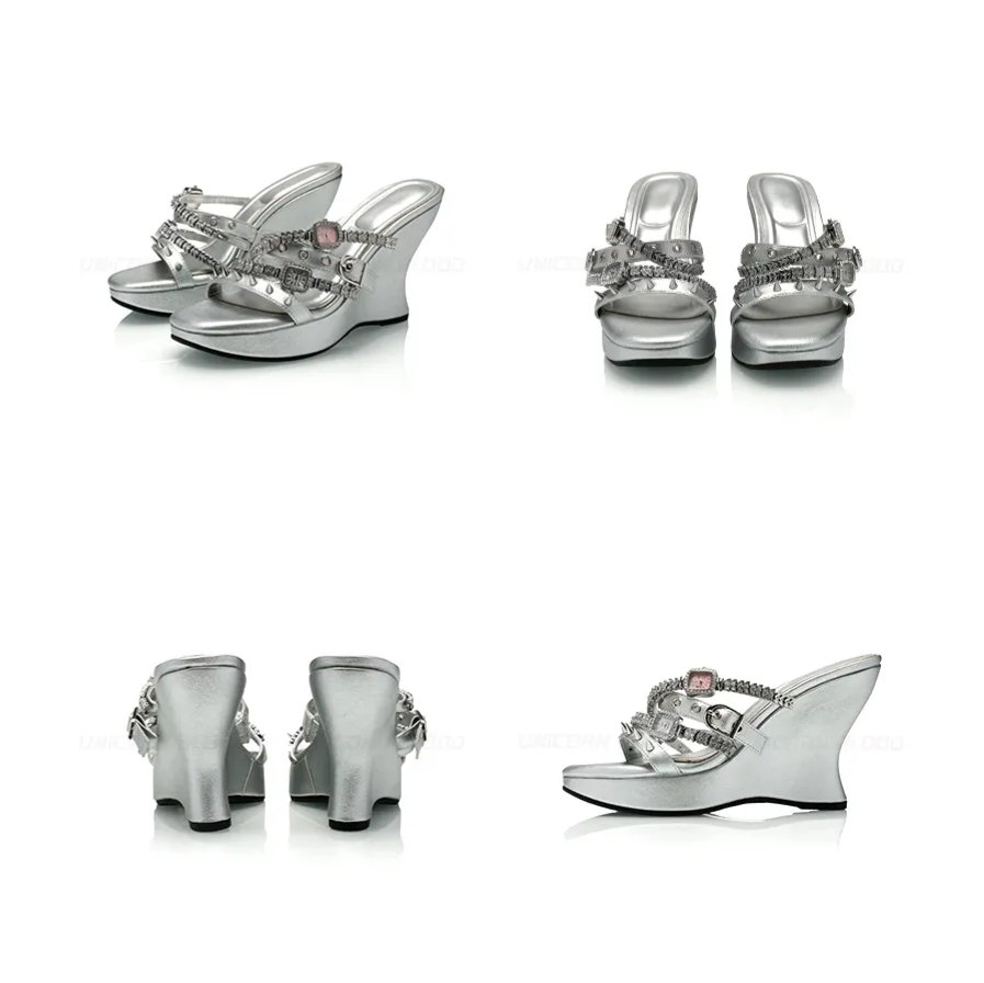 Rhinestone Strap Wedge Mules
