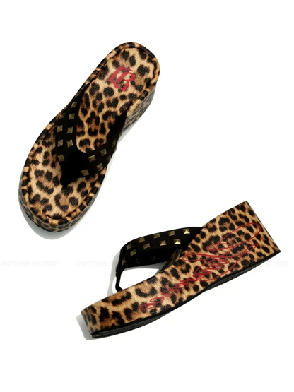 Studded Animal Print Platform Slides
