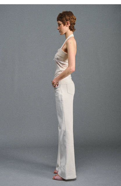 Textured White Contrast Waist Low-Rise Flared Pants