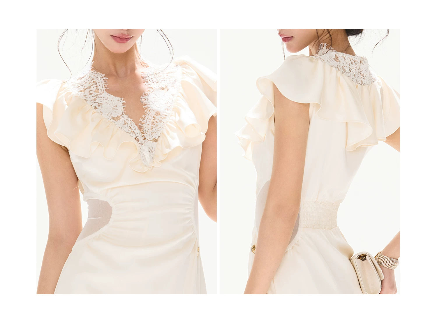 Lace V-Neck Ruffled Waist-Detail Midi Dress