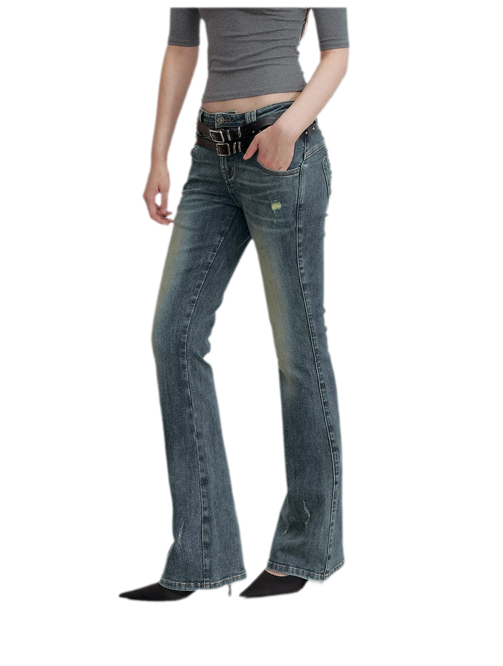 Washed Whisker Flared Jeans
