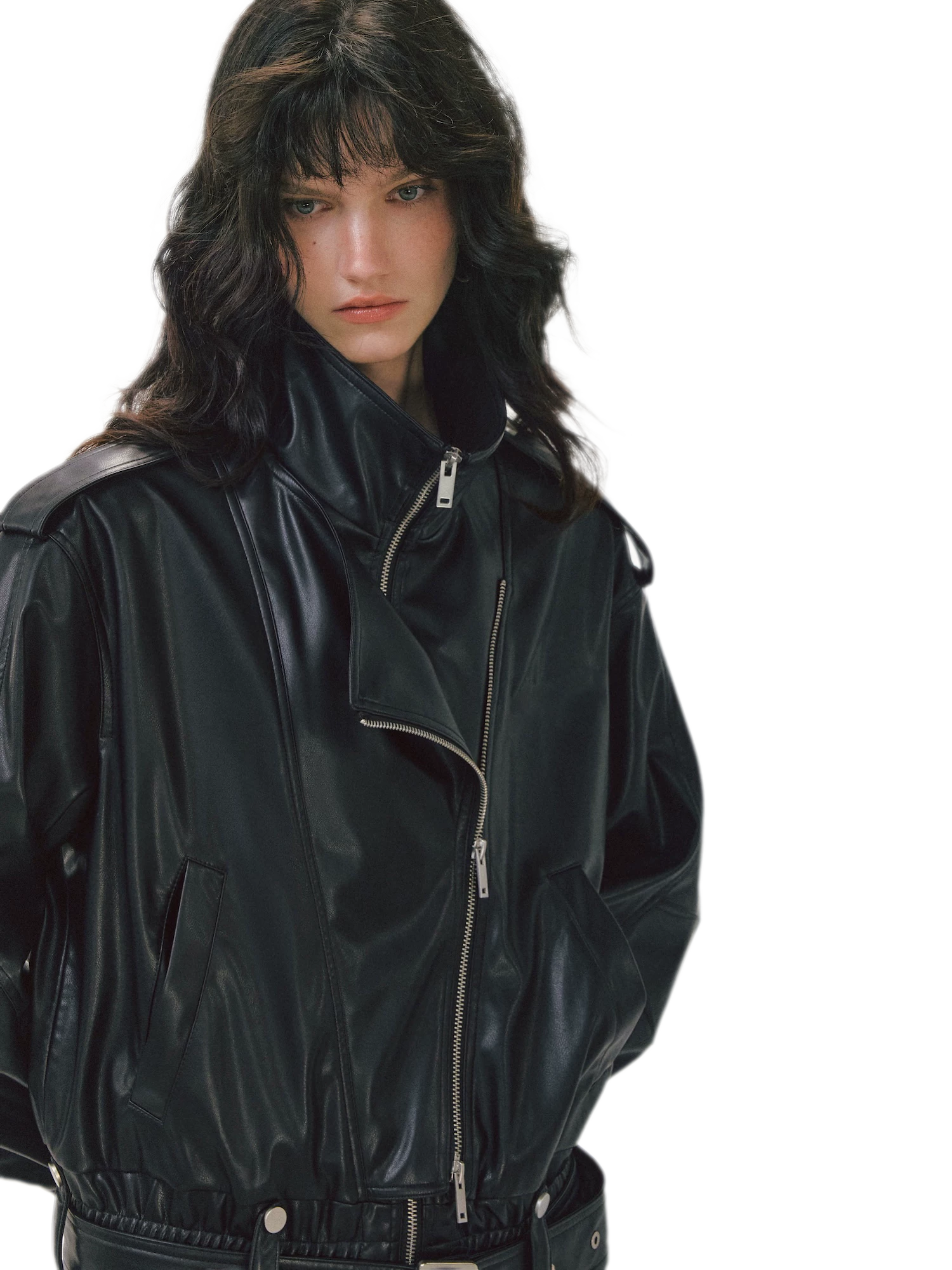 Leather-Look Cropped Motorcycle Jacket