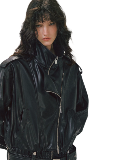 Leather-Look Cropped Motorcycle Jacket