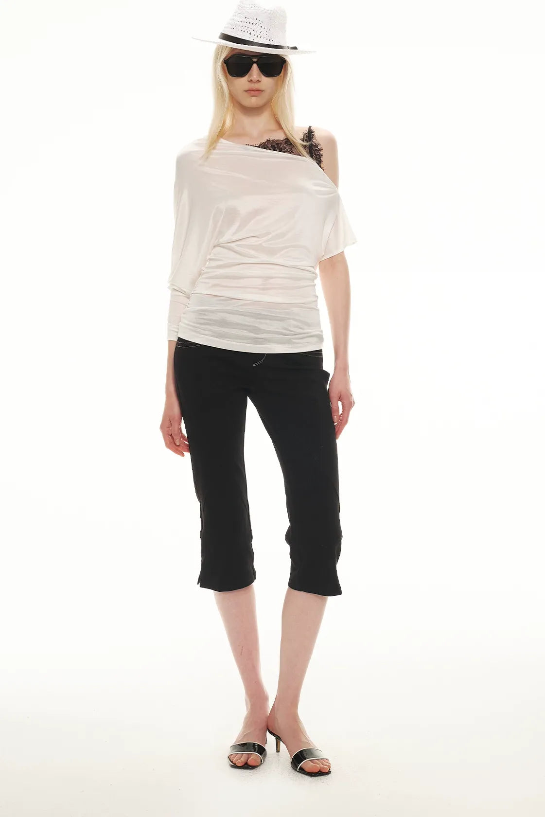 Silky Satin Texture Asymmetric Off-Shoulder Lace Trim T-Shirt