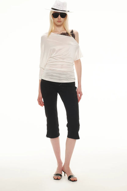 Silky Satin Texture Asymmetric Off-Shoulder Lace Trim T-Shirt