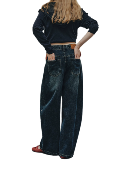Washed Rivet Curved-Leg Jeans