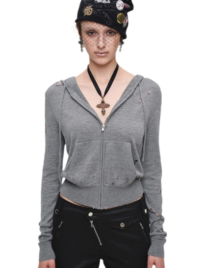 Distressed Hooded Knit Cardigan
