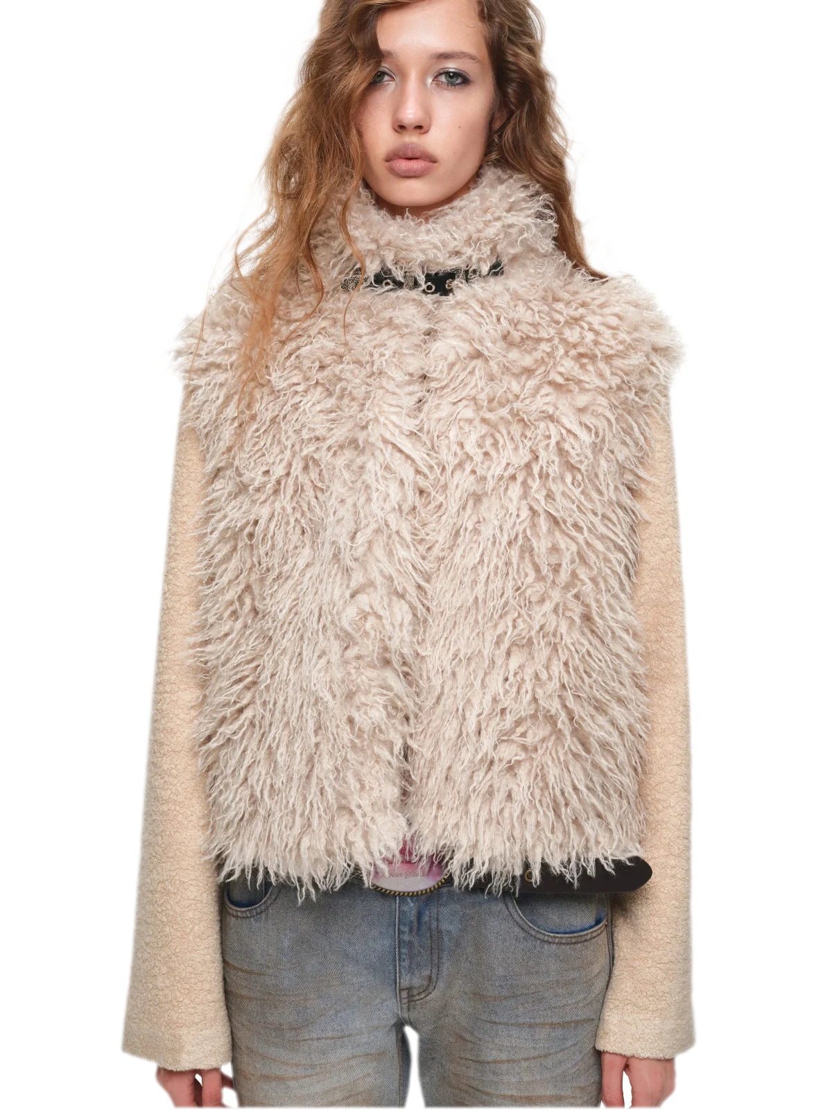 Veste courte en laine à ceinture contrastante