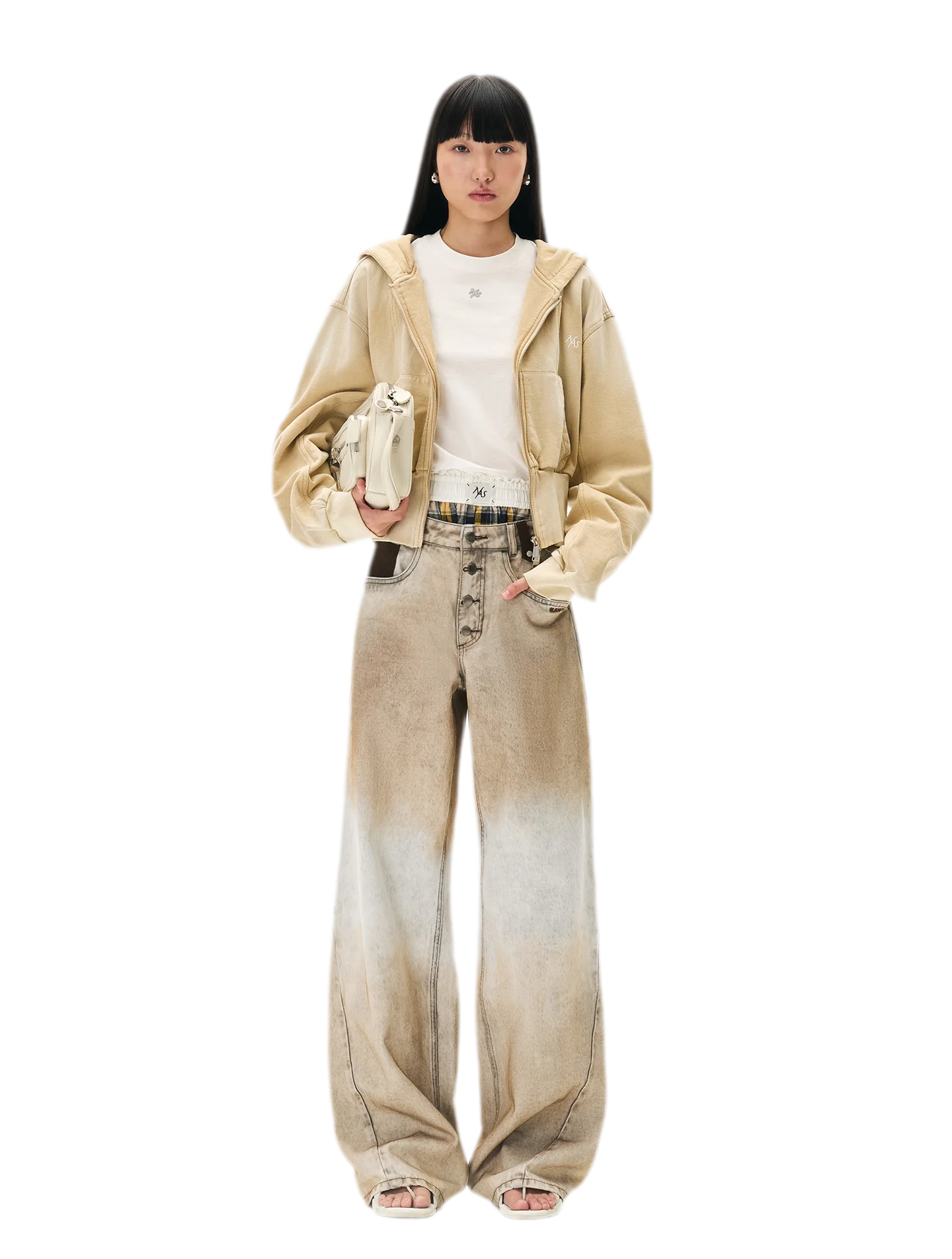 Coated Distressed Wide-Leg Jeans