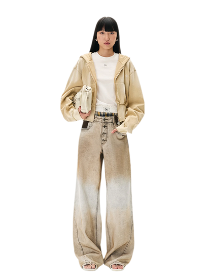 Coated Distressed Wide-Leg Jeans