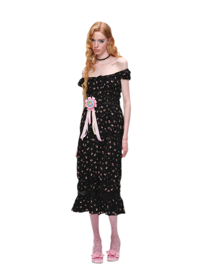 Long Floral Lace Chiffon Dress