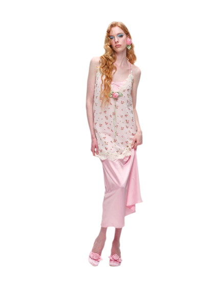 Deep V-Neck Lace Chiffon Satin Dress