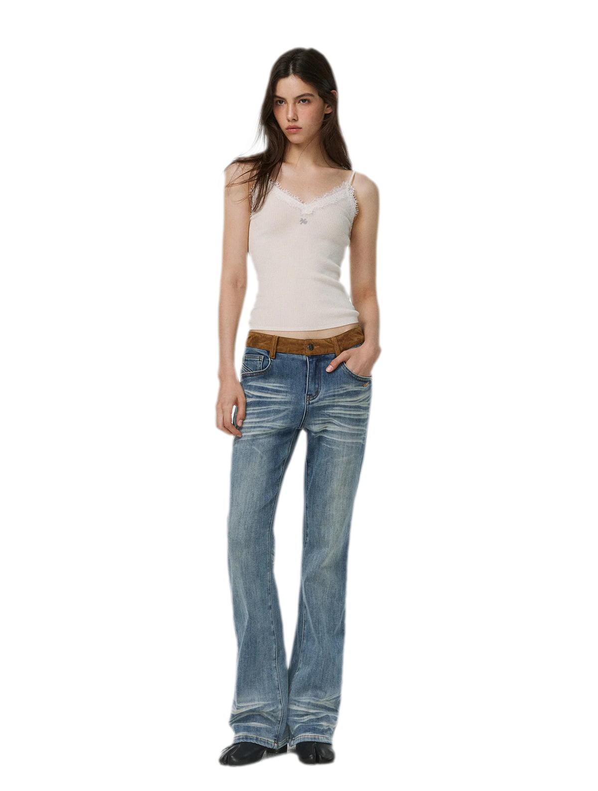 Feinstrick-Camisole aus Wolle mit Spitzenbesatz 100% Wolle