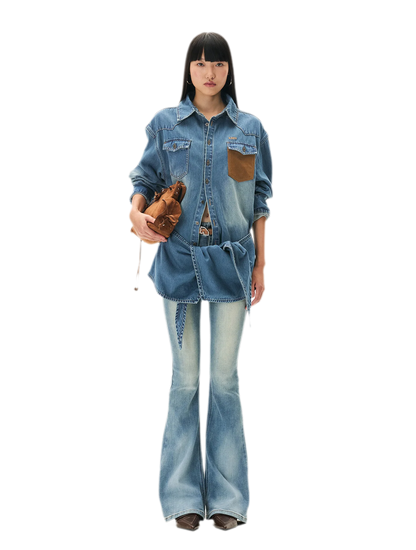 Washed Denim Suede-Panel Shirt