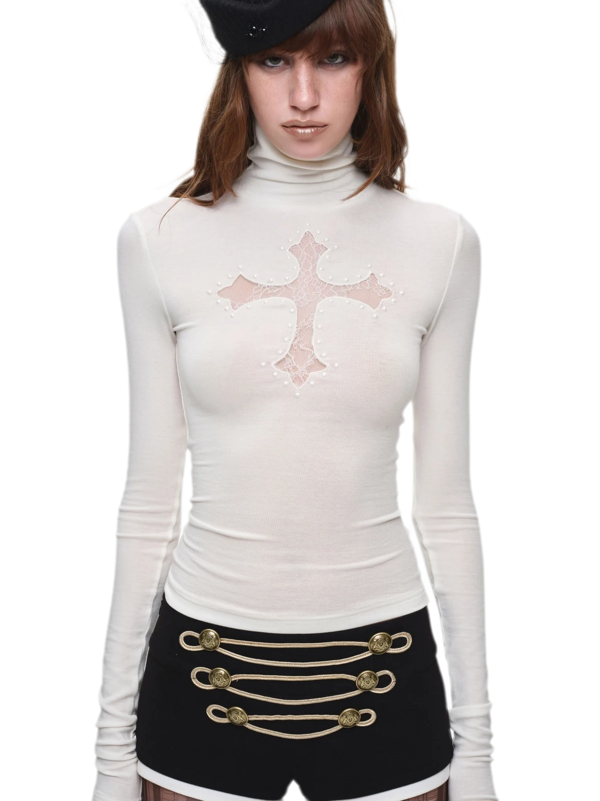 Rhinestone Lace Turtleneck Knit Top