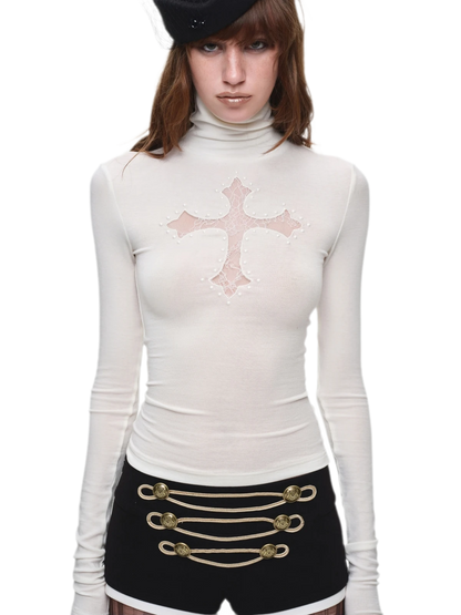 Rhinestone Lace Turtleneck Knit Top