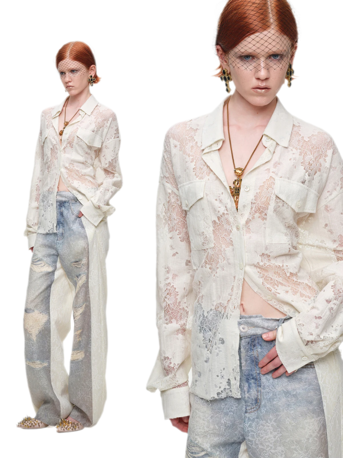 Lace Oversized Tie Shirt