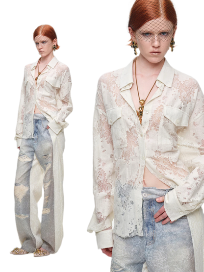 Lace Oversized Tie Shirt