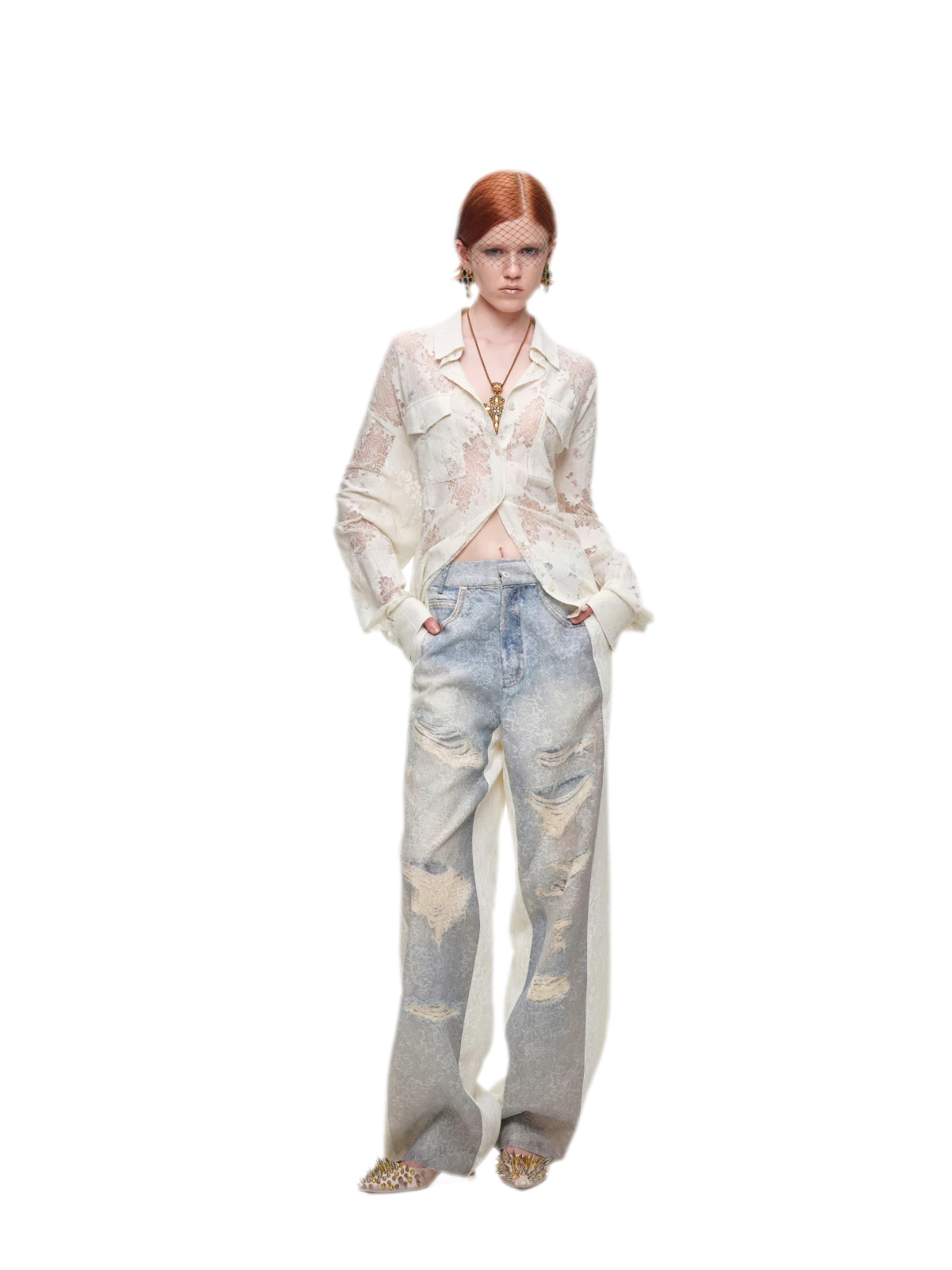 Lace Oversized Tie Shirt