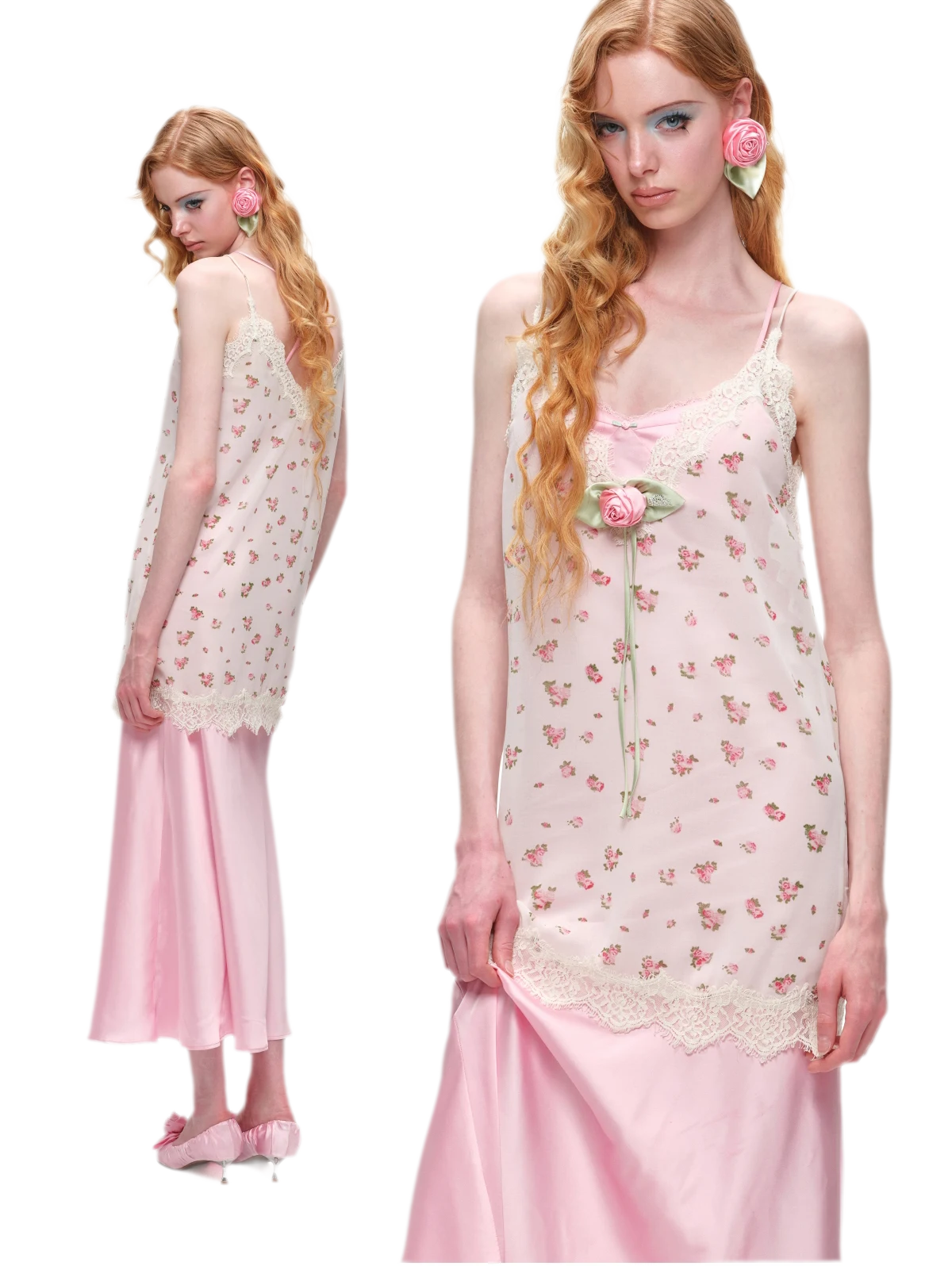 Deep V-Neck Lace Chiffon Satin Dress