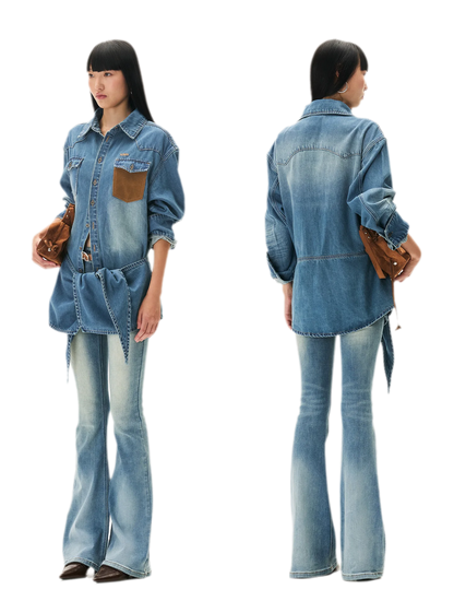 Washed Denim Suede-Panel Shirt