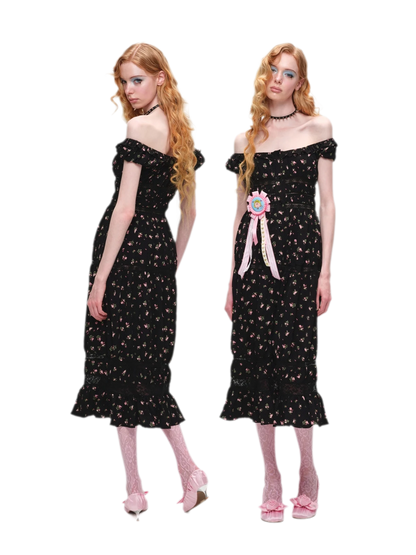 Long Floral Lace Chiffon Dress