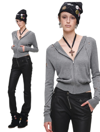 Distressed Hooded Knit Cardigan