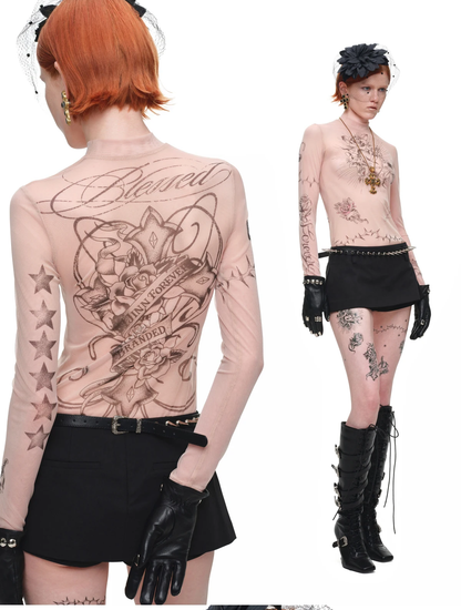 Tattoo Print Mesh Top