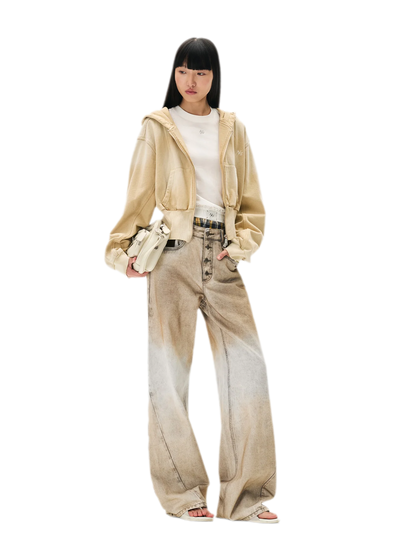 Coated Distressed Wide-Leg Jeans