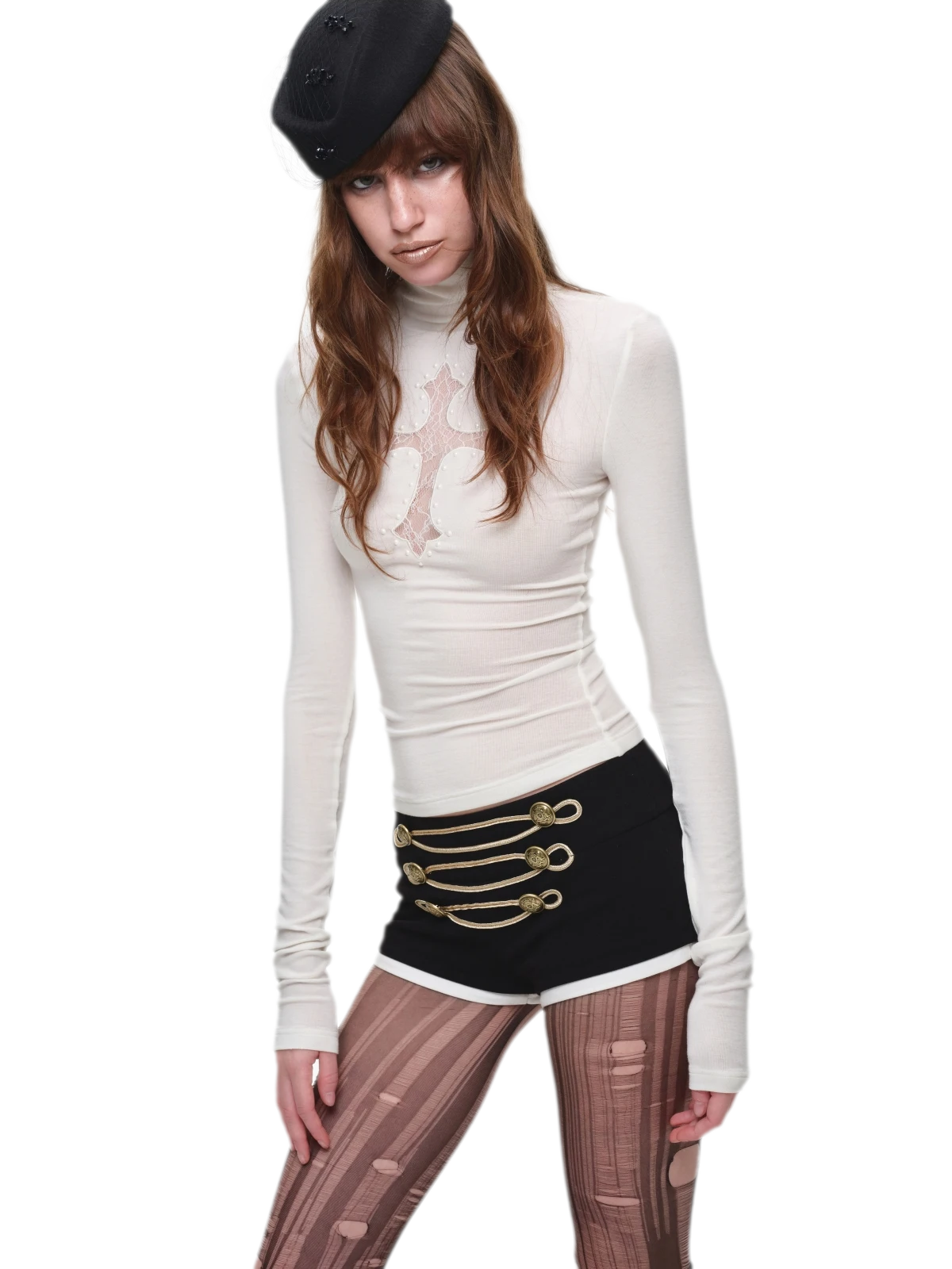 Rhinestone Lace Turtleneck Knit Top