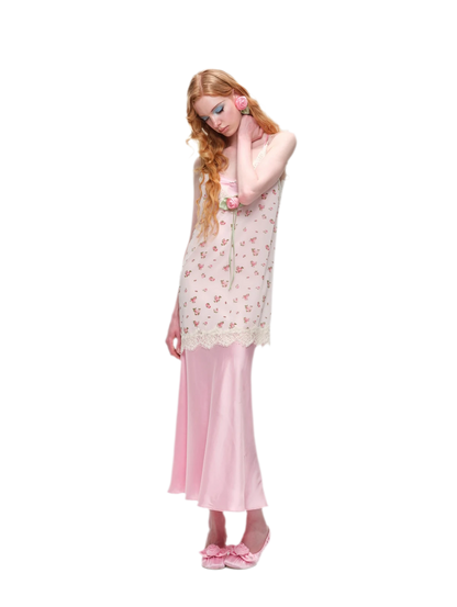 Deep V-Neck Lace Chiffon Satin Dress