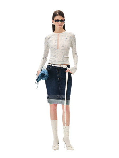 Fine-Gauge Printed Slim Knit Top