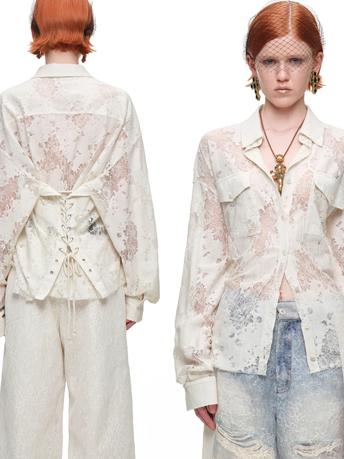 Lace Oversized Tie Shirt