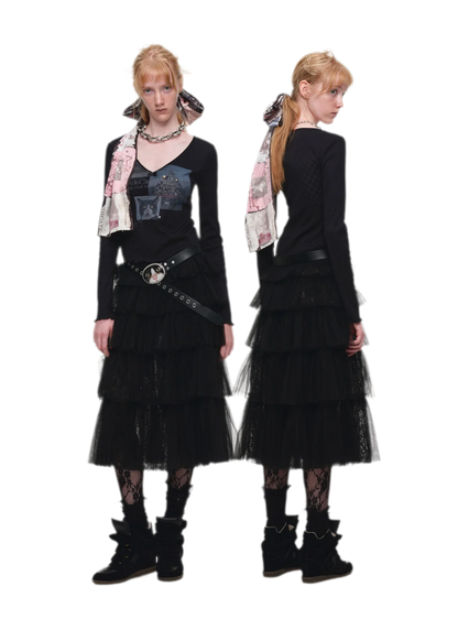 Chân váy maxi voan lưới xếp tầng nhún